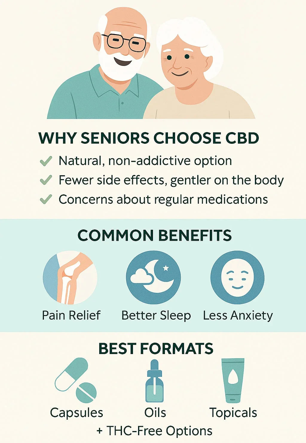 Infographic showing why seniors in Malta choose CBD, with icons for pain relief, better sleep, less anxiety, and formats such as capsules, oils, and topicals.