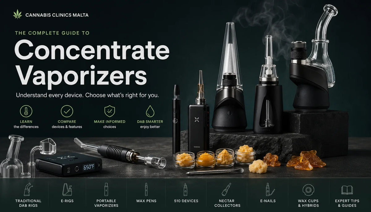 Complete guide to concentrate vaporizers showing e-rigs, Puffco-style devices, wax pens, portable dab vaporizers, e-nails and electronic nectar collectors.