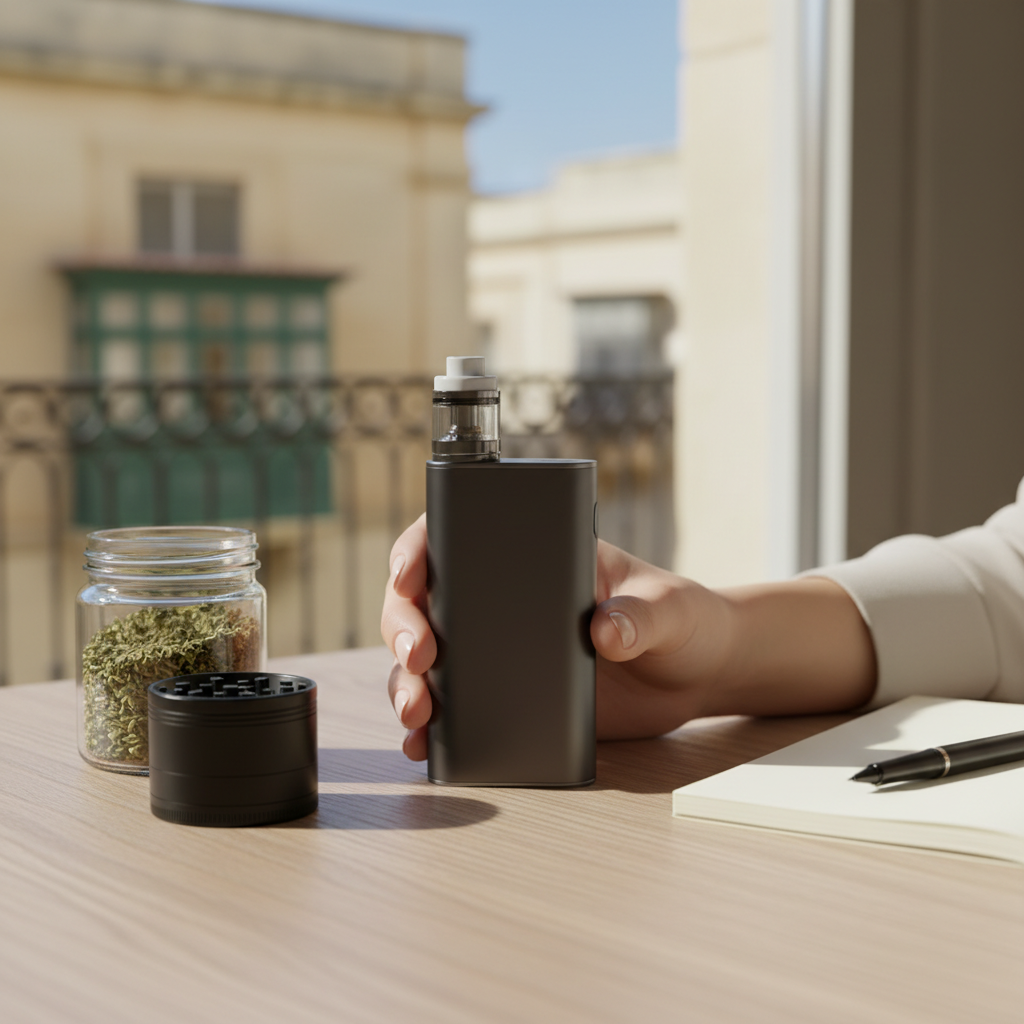 Person holding a portable dry herb vaporizer on a table with grinder and herbs in a Maltese apartment