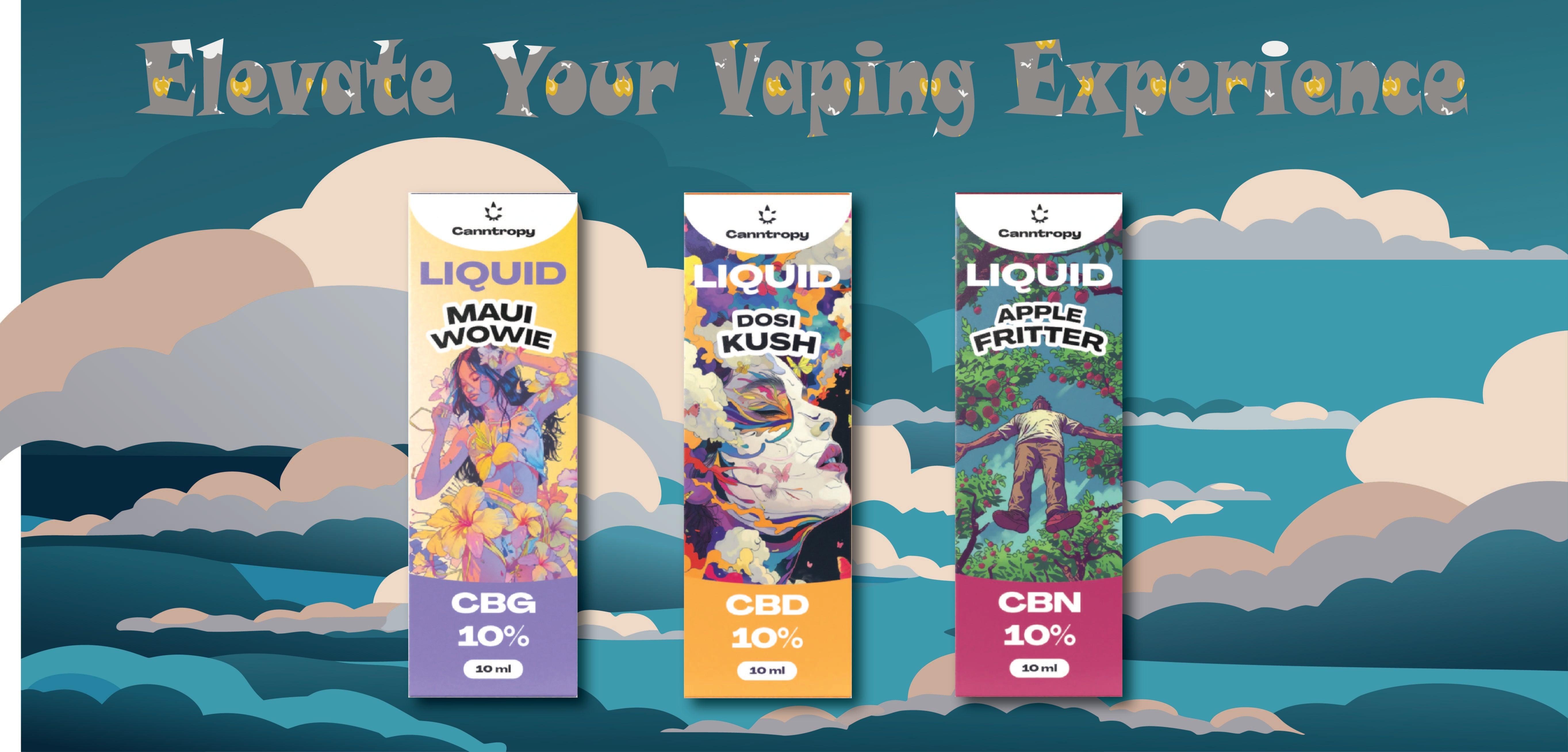 Three vape liquid boxes with artistic designs and strains Maui Wowie, Dosi Kush, Apple Fritter, labeled CBG, CBD, and CBN 10%, against a stylized cloud background.