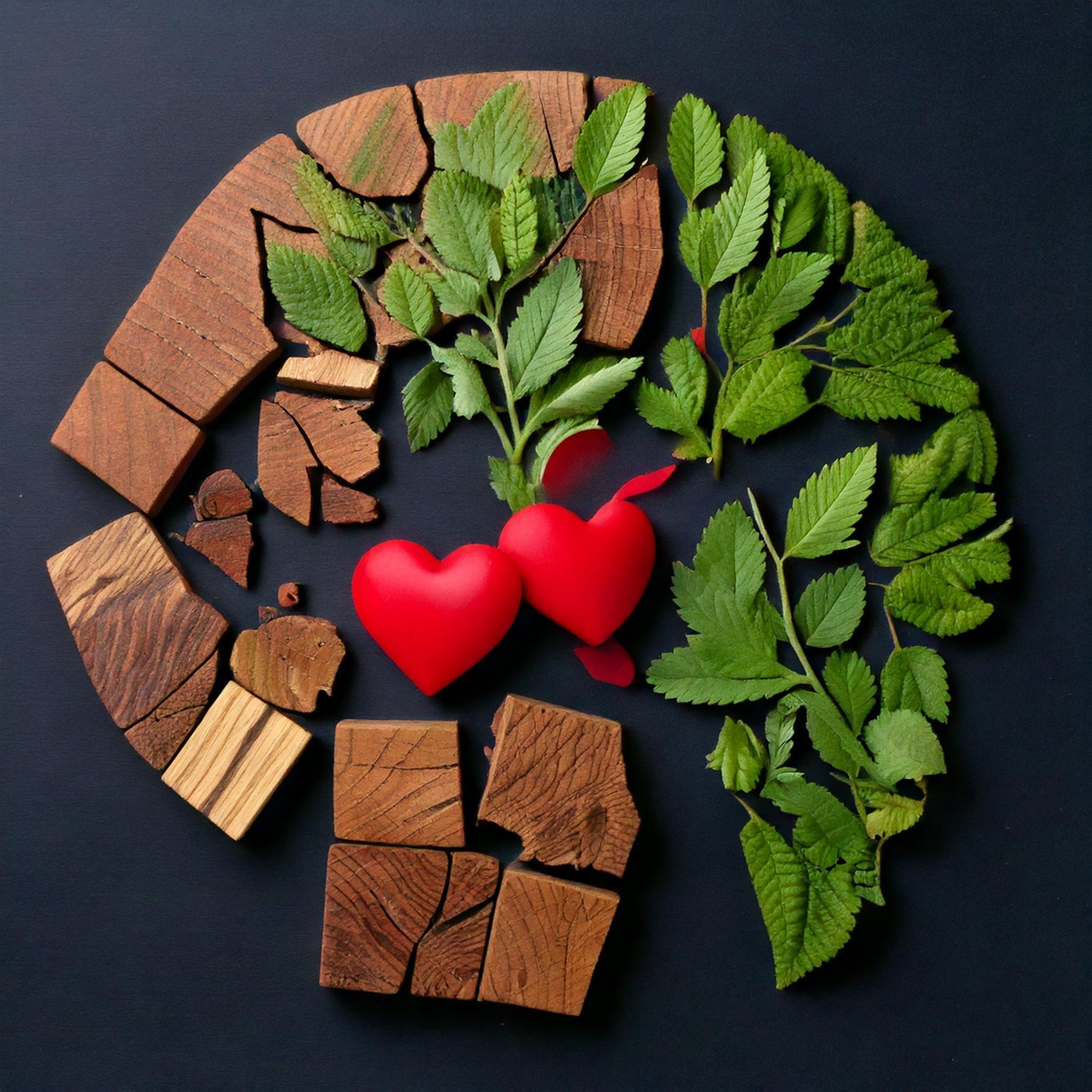 Herbal cannabis leaves, wooden pieces, and red heart symbols arranged in a circle on black background