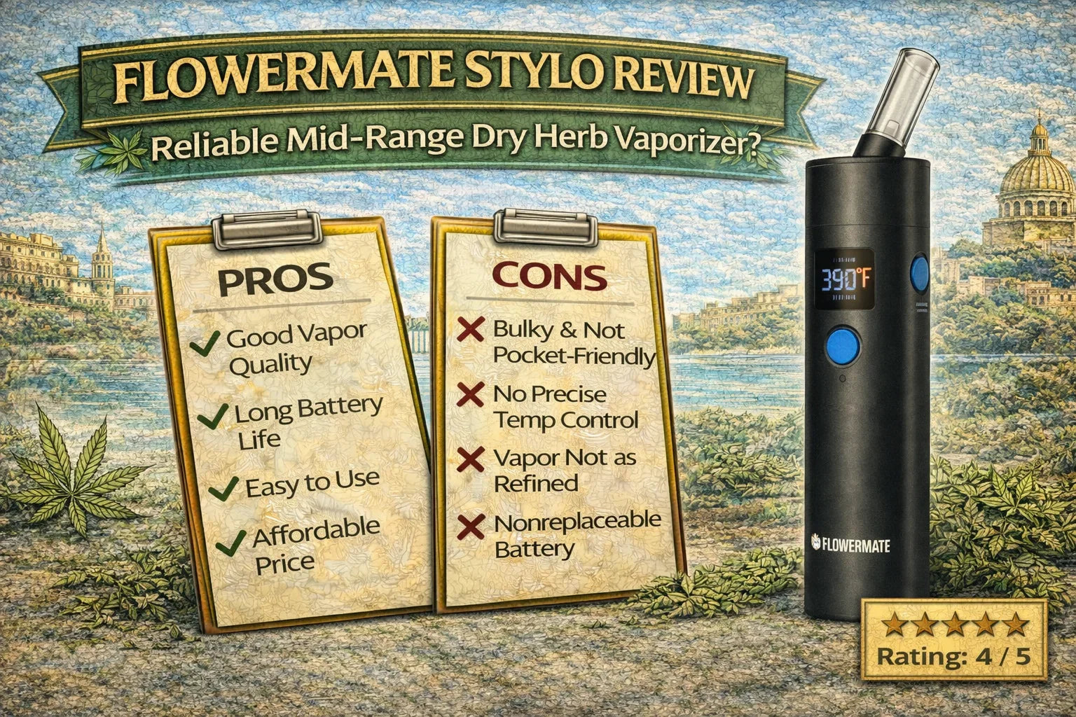 Flowermate Stylo dry herb vaporizer review infographic showing pros, cons, and a 4 star rating.