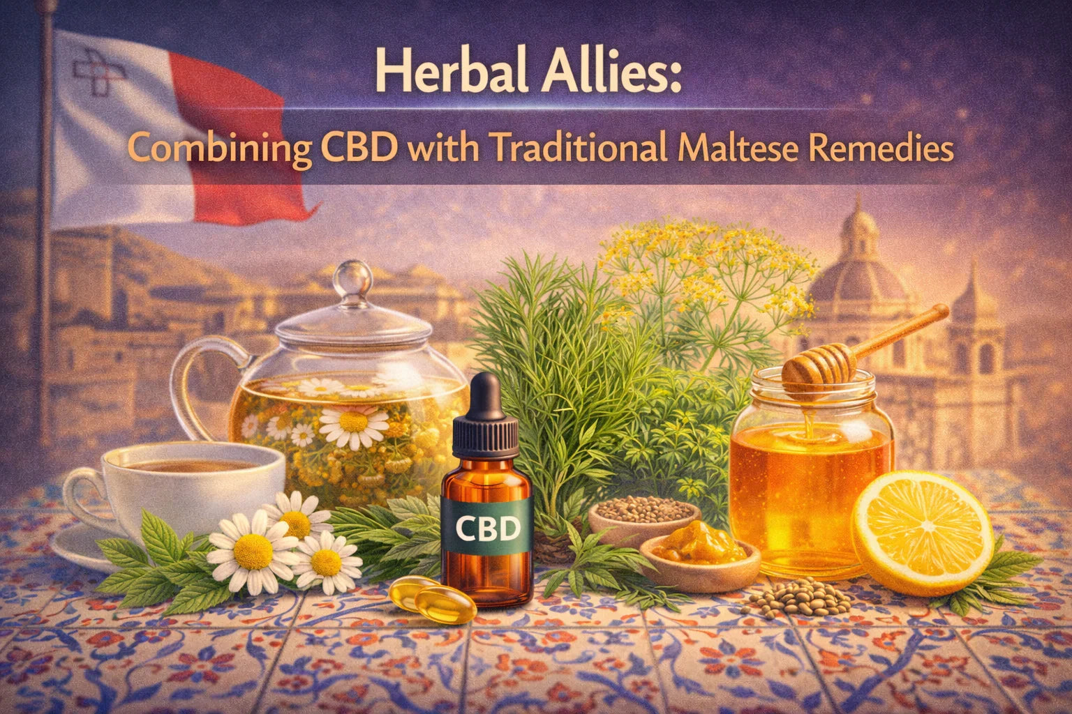 CBD oil, chamomile tea, honey, lemon, and traditional Maltese herbs on a patterned table with Malta flag and city view in background.