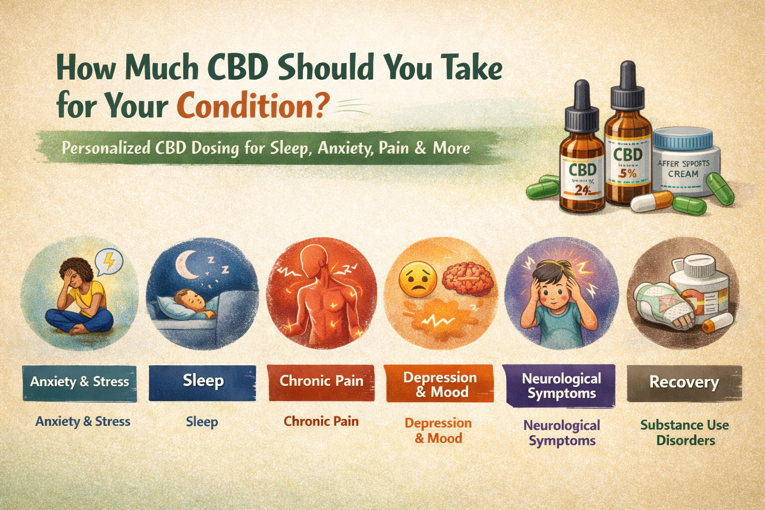 CBD dosage guide image with illustrated bottles, capsules, and icons for anxiety, sleep, pain, and wellness.