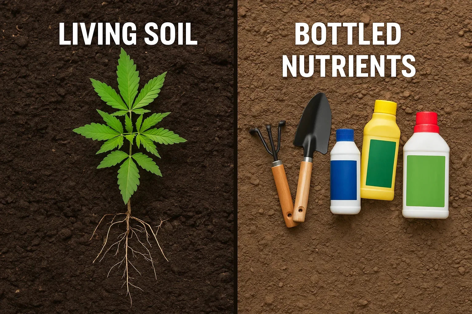 Living soil vs bottled nutrients for cannabis, with plant roots and gardening tools on soil