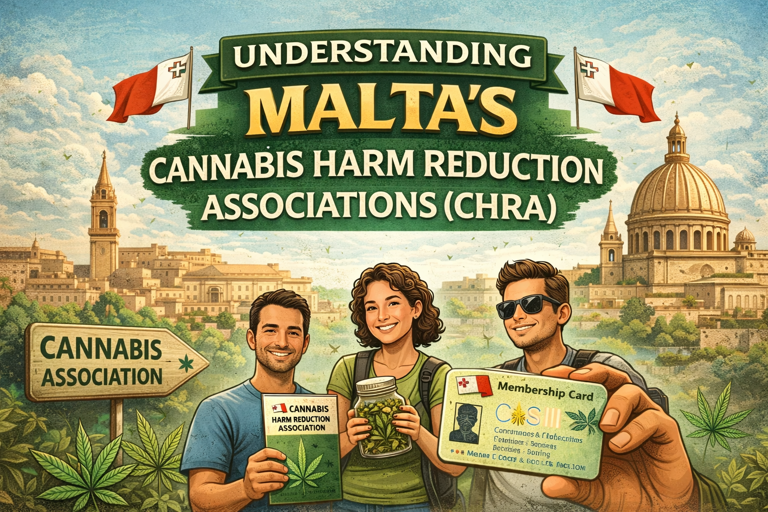 Three people in Malta holding cannabis association items, cityscape and cannabis leaves in background.