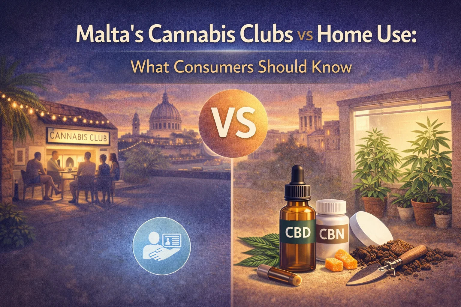 Illustration comparing Malta cannabis clubs versus home use, with people at a cannabis club on one side and CBD, CBN products and cannabis plants at home on the other.