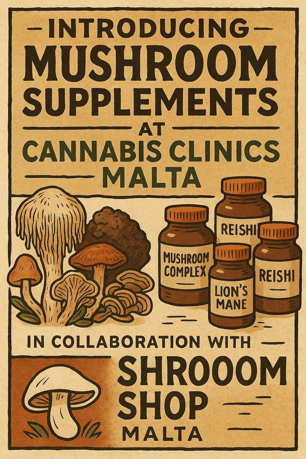Illustrated poster of mushroom supplements like reishi and lion's mane in jars, with various mushrooms, promoting wellness products in Malta.