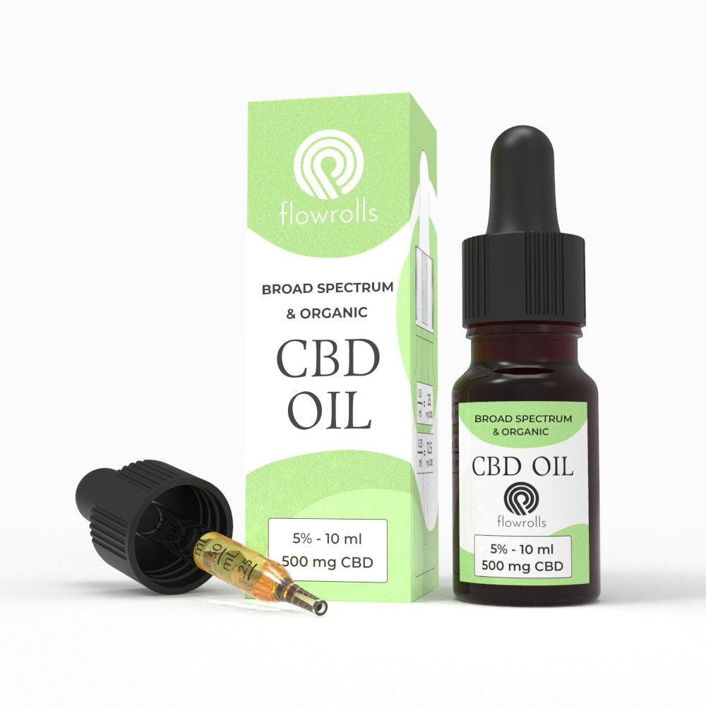 Organic broad spectrum CBD oil 500mg bottle with dropper and packaging on white background