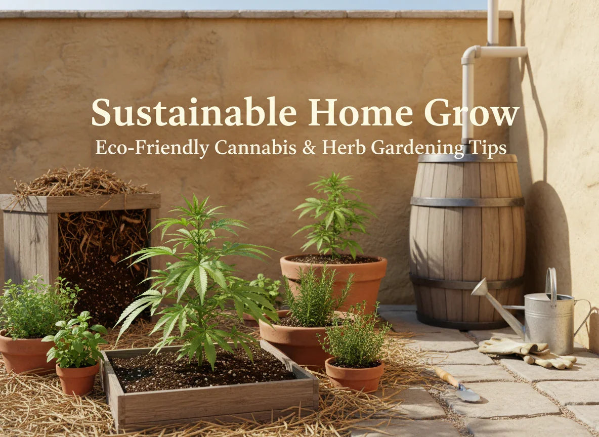 Eco-friendly home cannabis and herb plants growing in pots on a sunny patio with gardening tools.