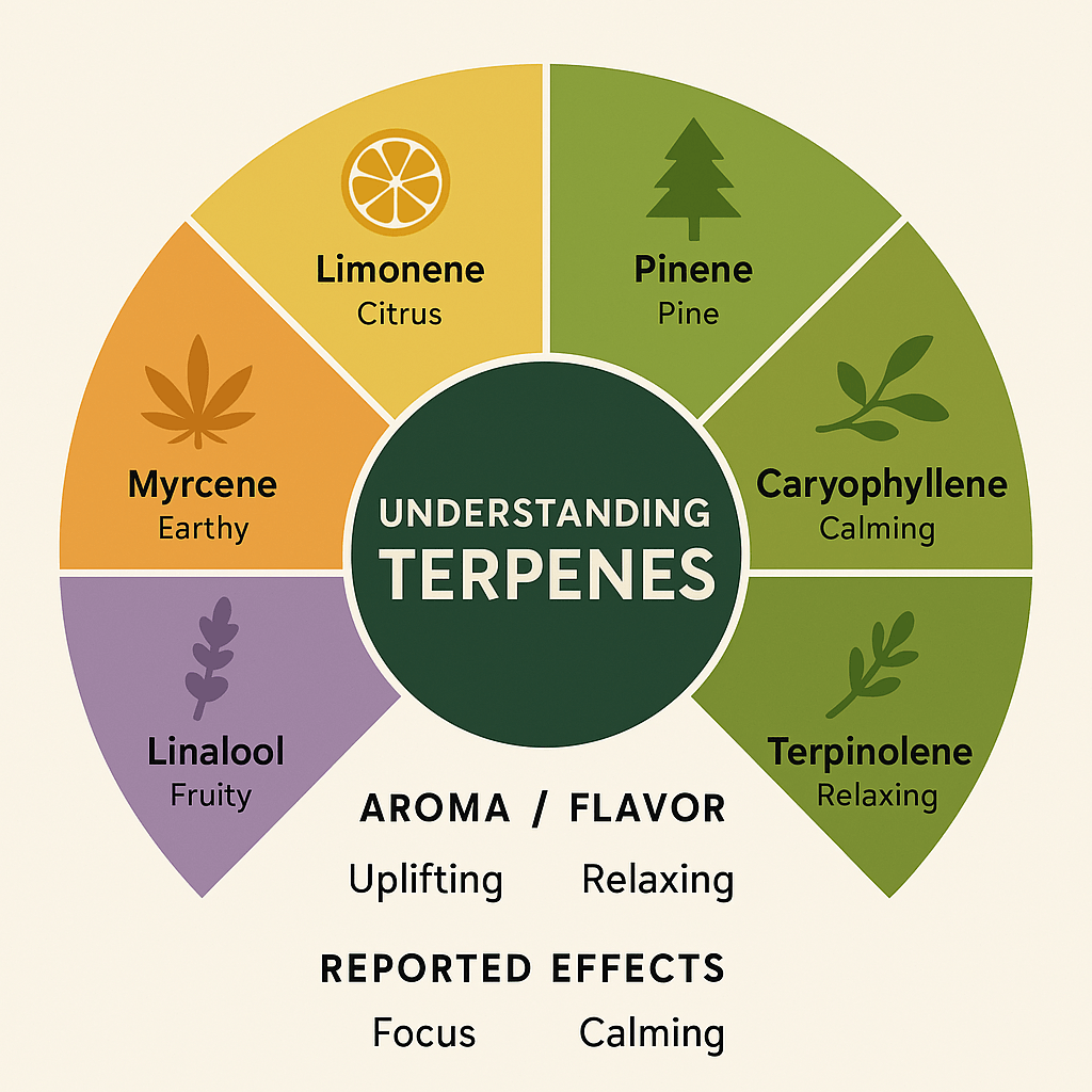 Colorful cannabis terpene wheel chart showing natural aromas and relaxing, calming effects.