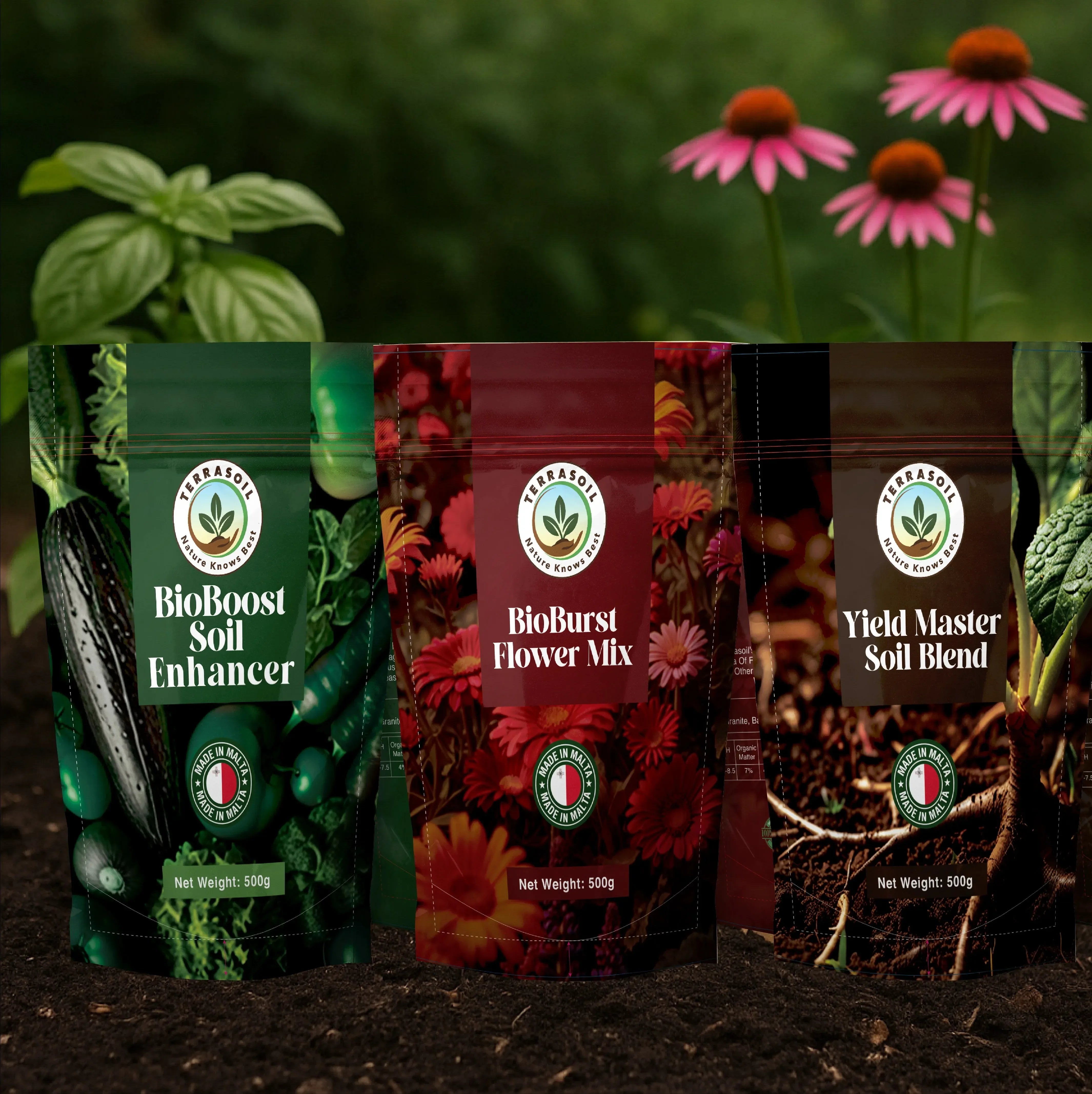 Three organic soil mix bags for plant growth, labeled BioBoost Soil Enhancer, BioBurst Flower Mix, and Yield Master Soil Blend, placed on soil outdoors with green plants and pink flowers in the background.