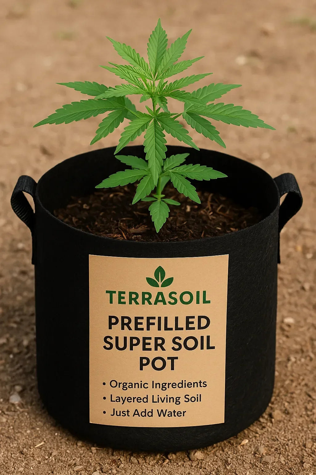 Young cannabis plant in a Terrasoil prefilled super soil pot on outdoor soil surface