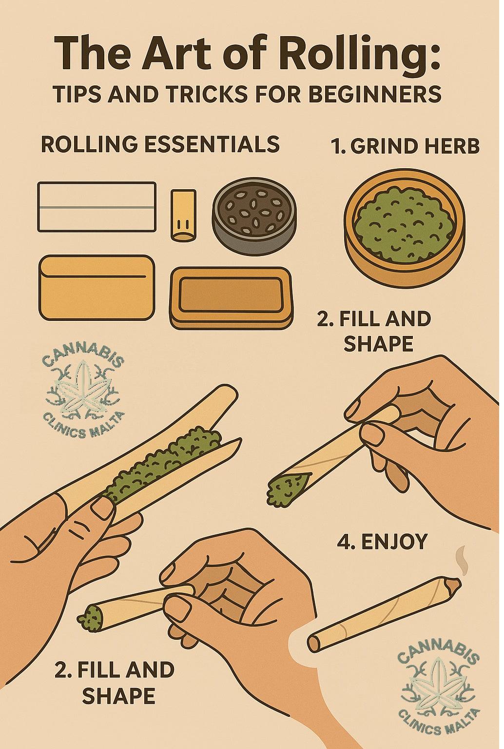 Illustration showing beginner cannabis rolling steps with grinder, papers, hands, and finished joint.