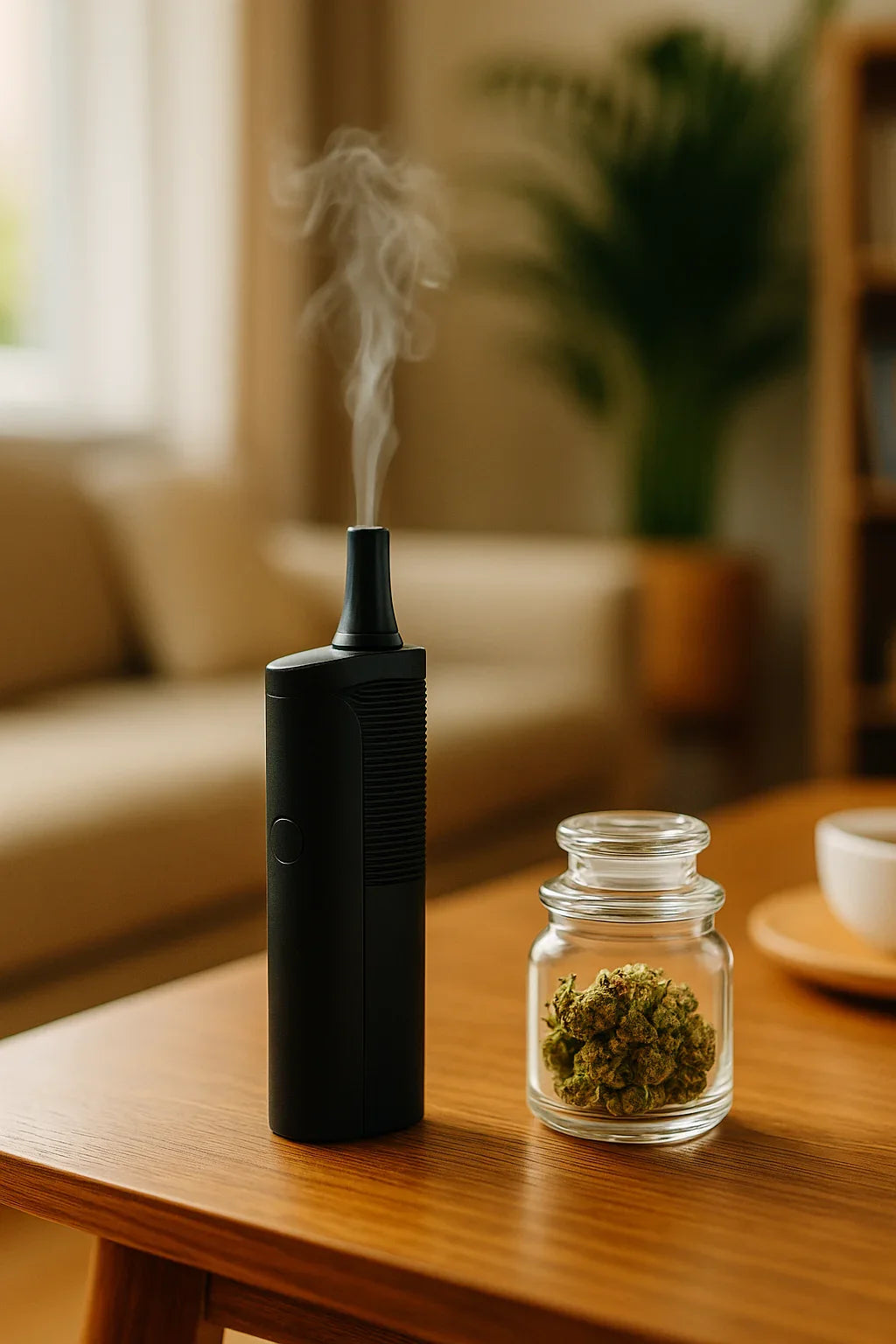 Dry herb vaporizer emitting vapor next to jar of dried hemp buds on a wooden table in a living room