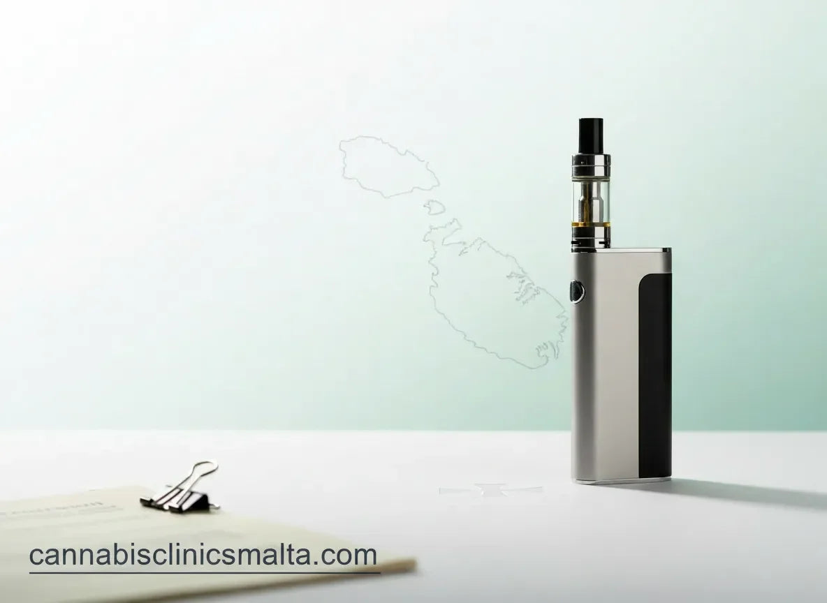 Malta vaporization device with CBD oil cartridge on clean surface, modern wellness concept