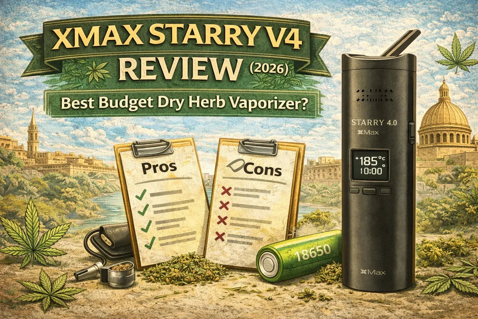 XMax Starry V4 dry herb vaporizer review with pros and cons, cannabis leaves, and Malta cityscape background.