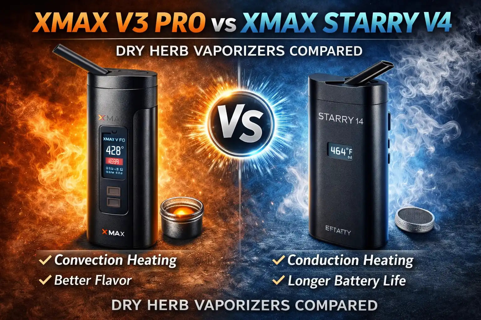 XMAX V3 Pro vs Starry V4 dry herb vaporizer comparison with features listed