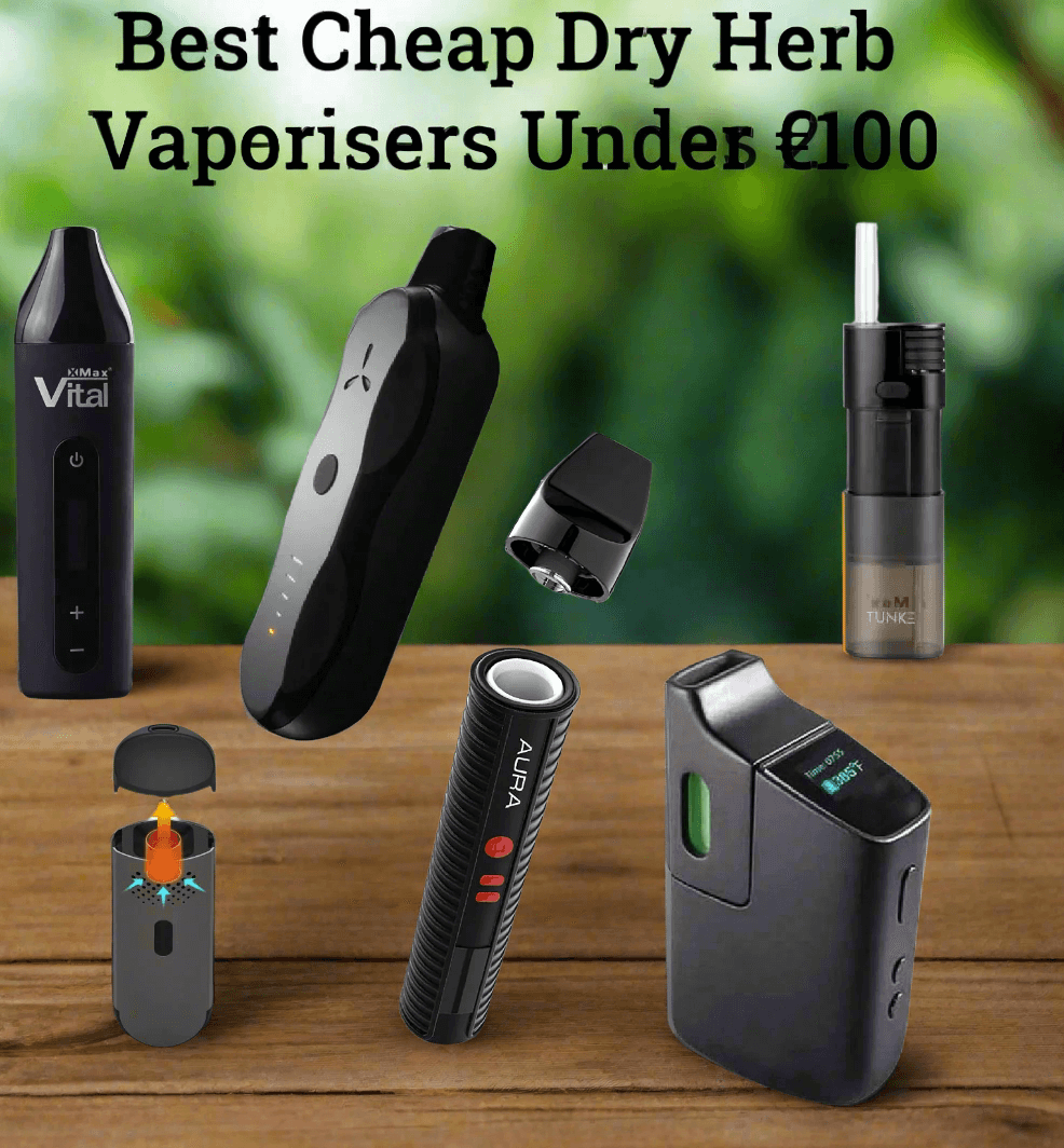 Selection of affordable dry herb vaporizers under £100 on a green blurred background.