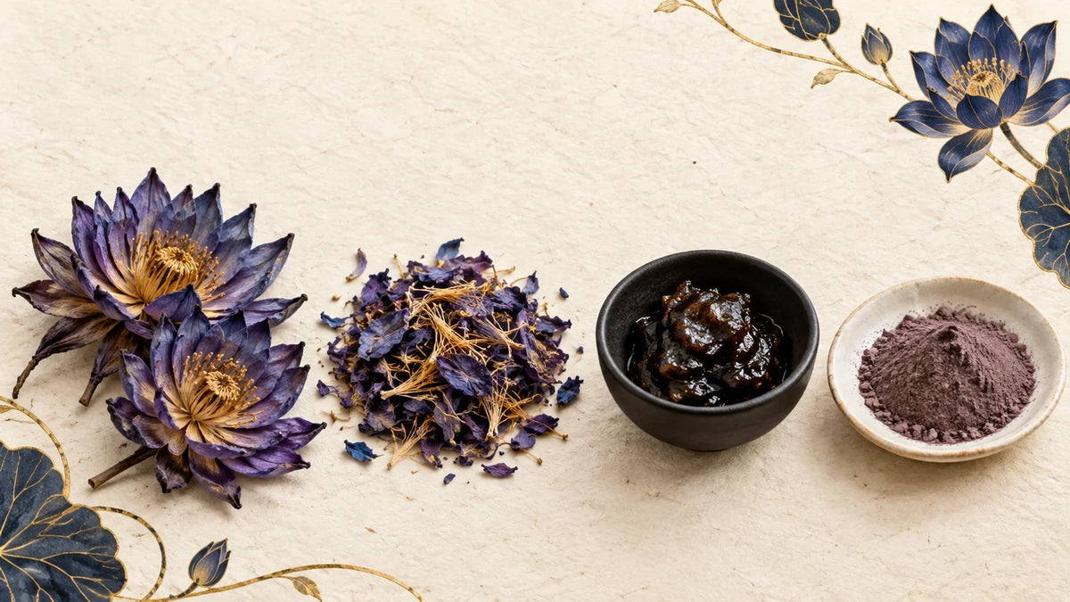 Blue Lotus whole flowers, dried petals and stamens, soft resin and powder extract displayed as separate botanical formats