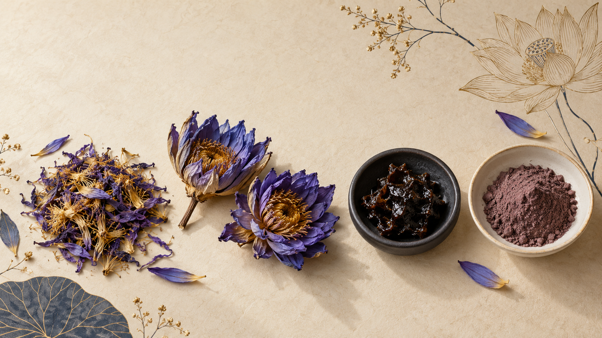 Blue Lotus botanical formats including dried petals and stamens, whole flowers, soft resin and powder extract