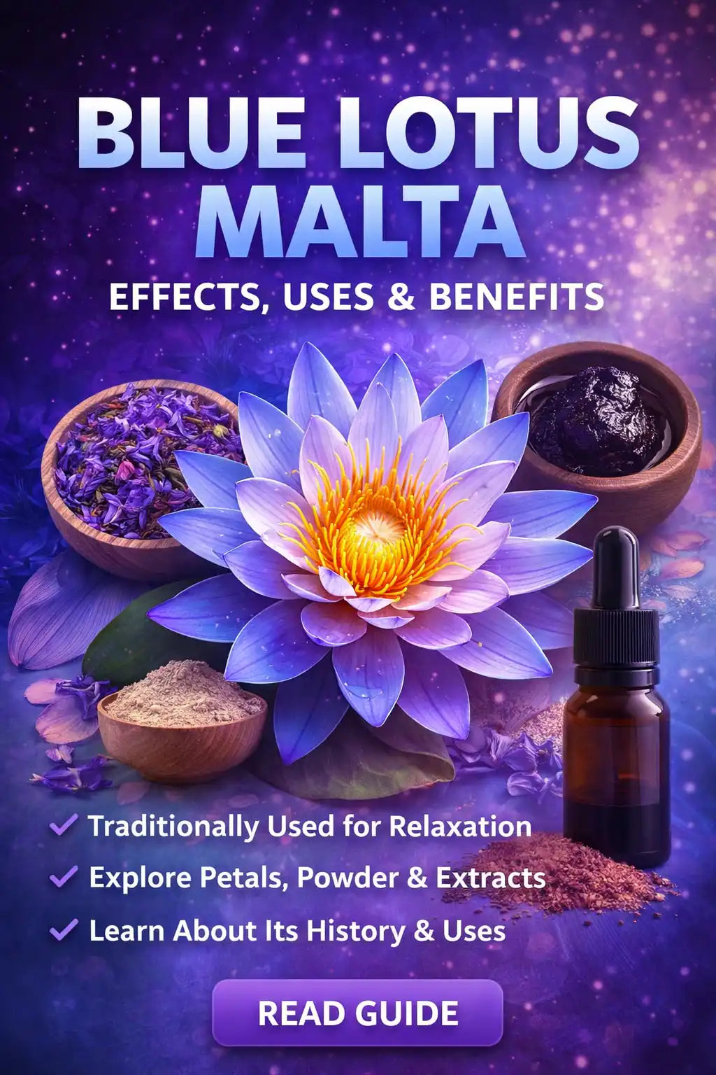 Blue Lotus Malta Nymphaea caerulea guide petals stamens extract powder resin effects uses benefits
