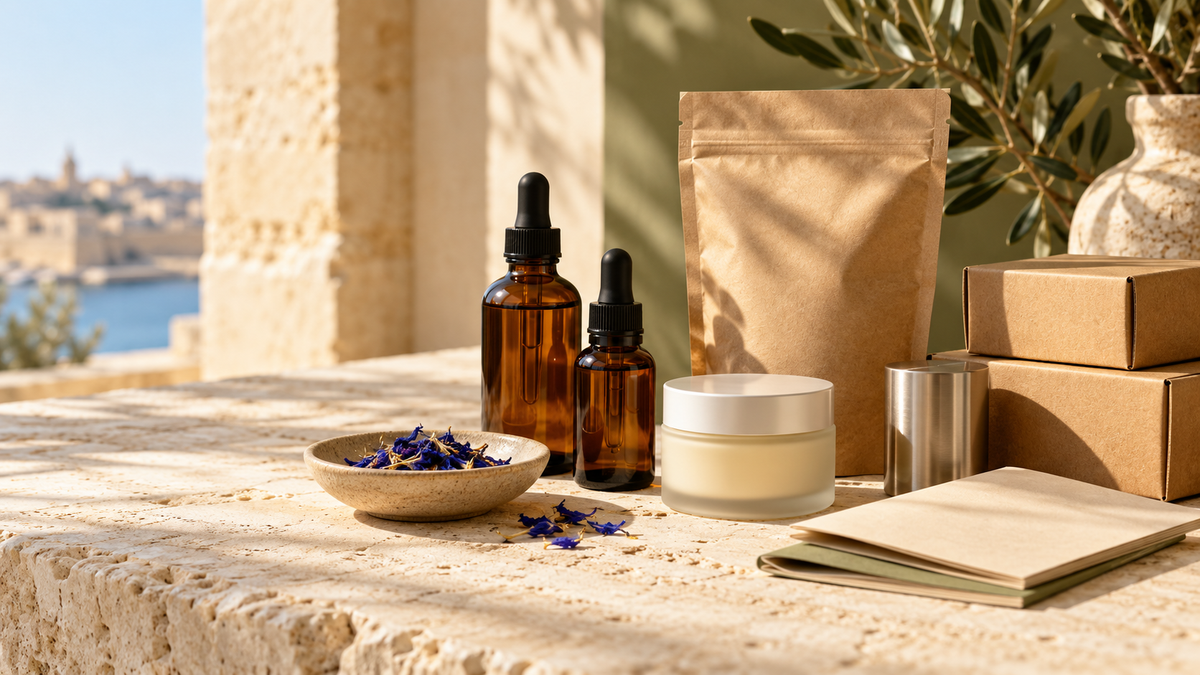 Amber bottles, botanical packaging and shipping boxes arranged on a Maltese limestone surface