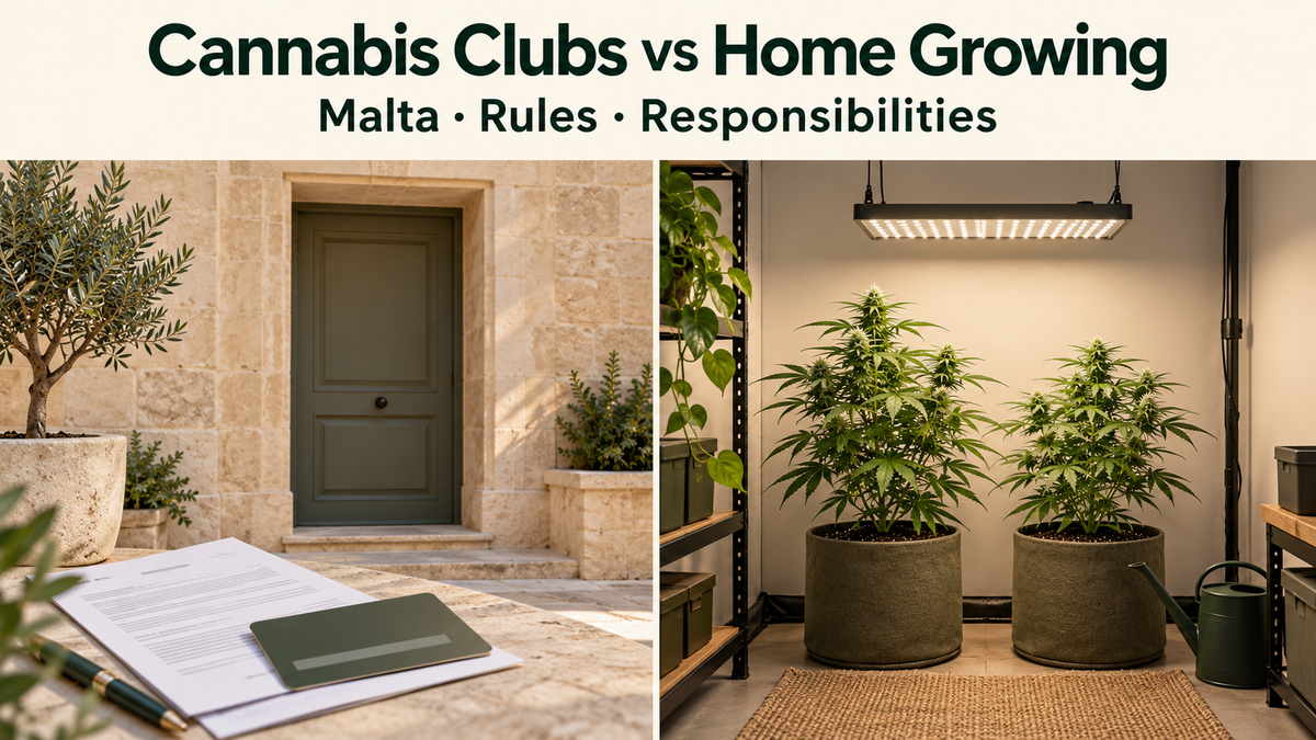Illustration comparing an association entrance and membership documents with two cannabis plants in a private indoor growing space.