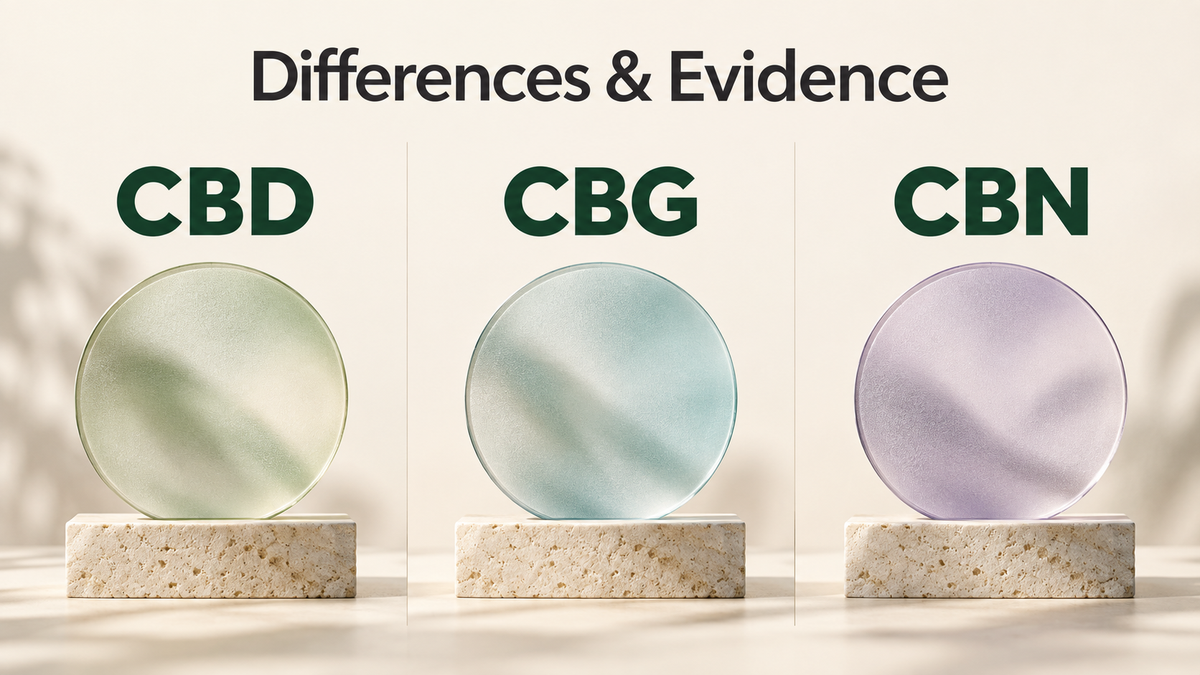 CBD, CBG and CBN comparison graphic with three decorative glass discs and the heading “Differences & Evidence”.