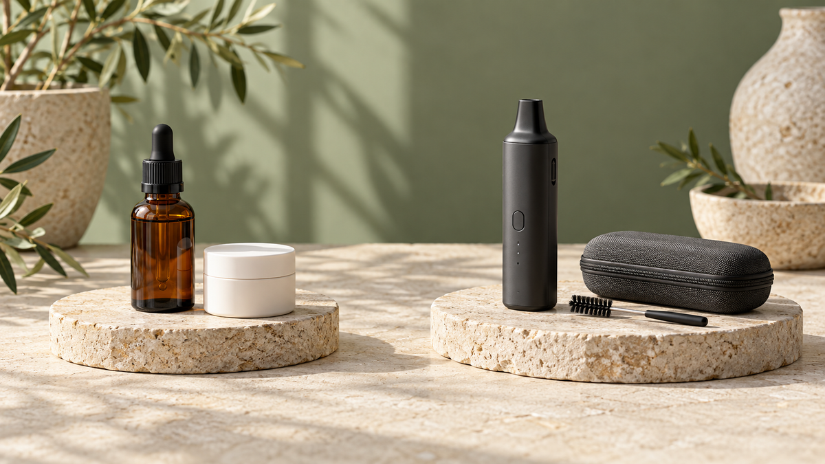Amber dropper bottle and cosmetic jar displayed separately from a portable vaporizer and cleaning accessories