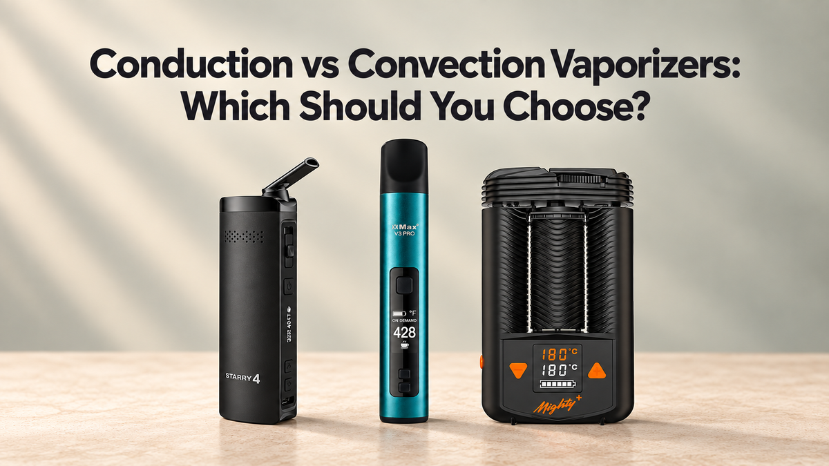 XMAX Starry V4, XMAX V3 Pro and MIGHTY+ dry herb vaporizers displayed side by side.