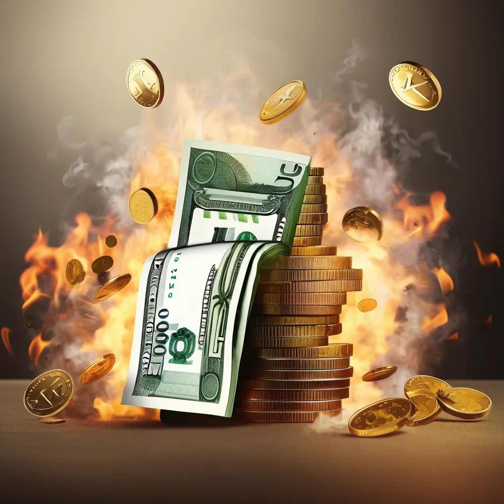 Stack of gold coins and dollar bills with flames, symbolizing cost savings and efficiency.