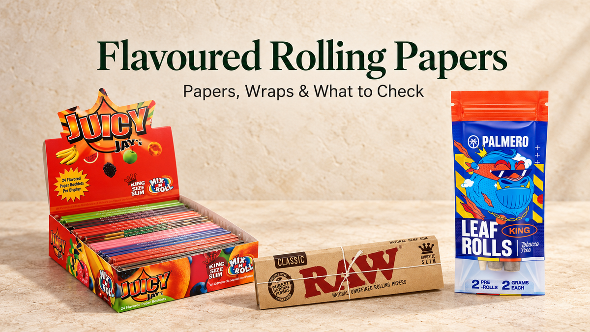 Juicy Jay’s flavoured rolling papers, RAW Classic papers and Palmero leaf wraps beneath the heading “Flavoured Rolling Papers”.