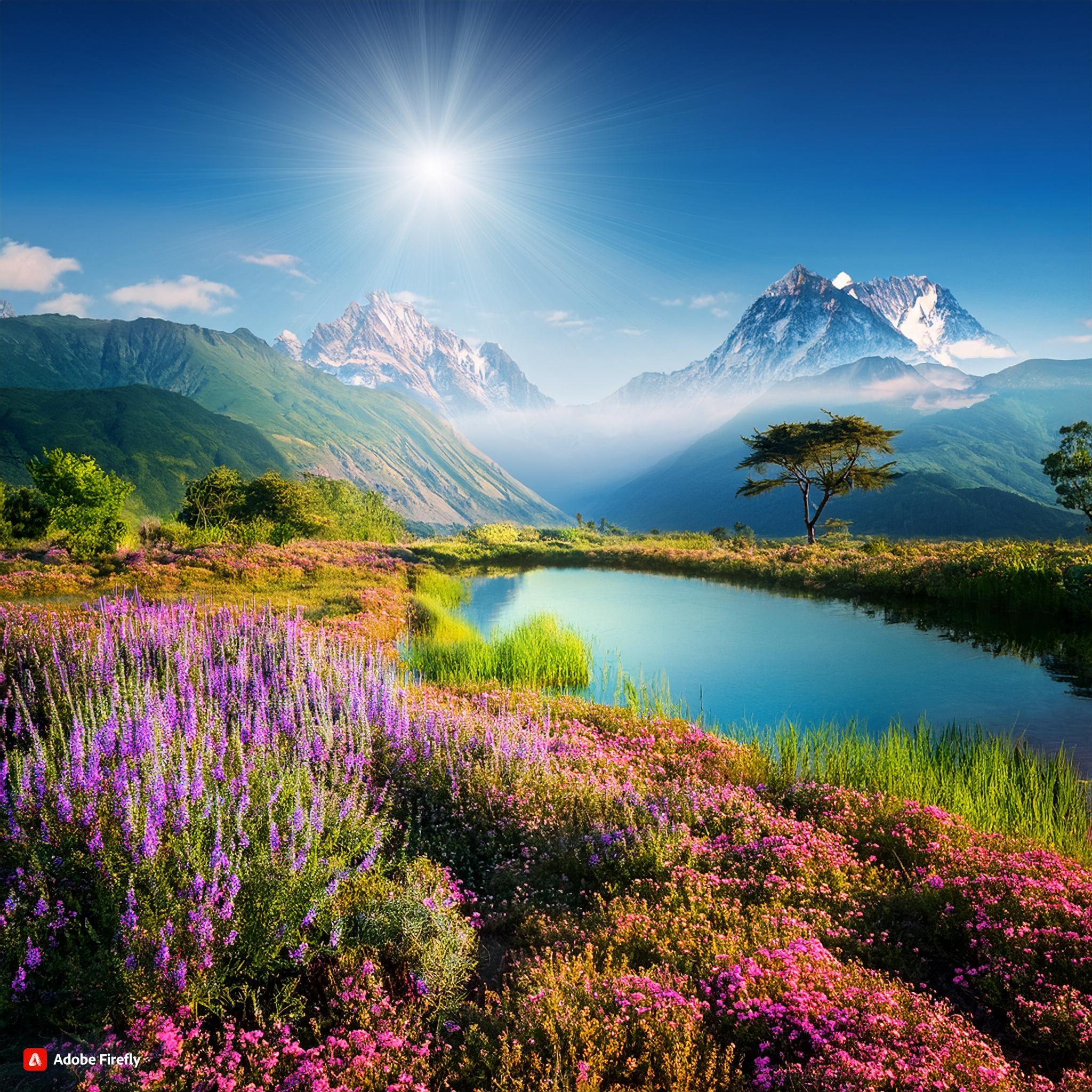 Mountain landscape with blooming wildflowers, a reflective lake, and bright sunlight.