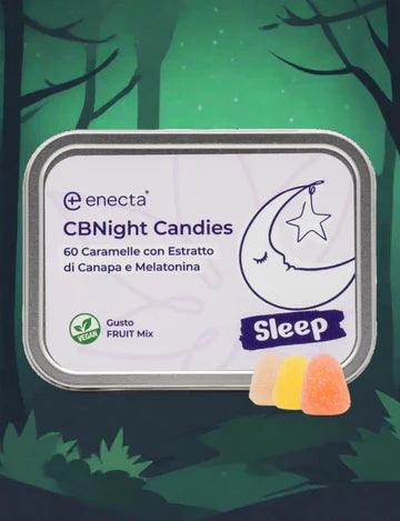 CBNight Candies tin with fruit mix vegan gummies for sleep in a forest-themed setting