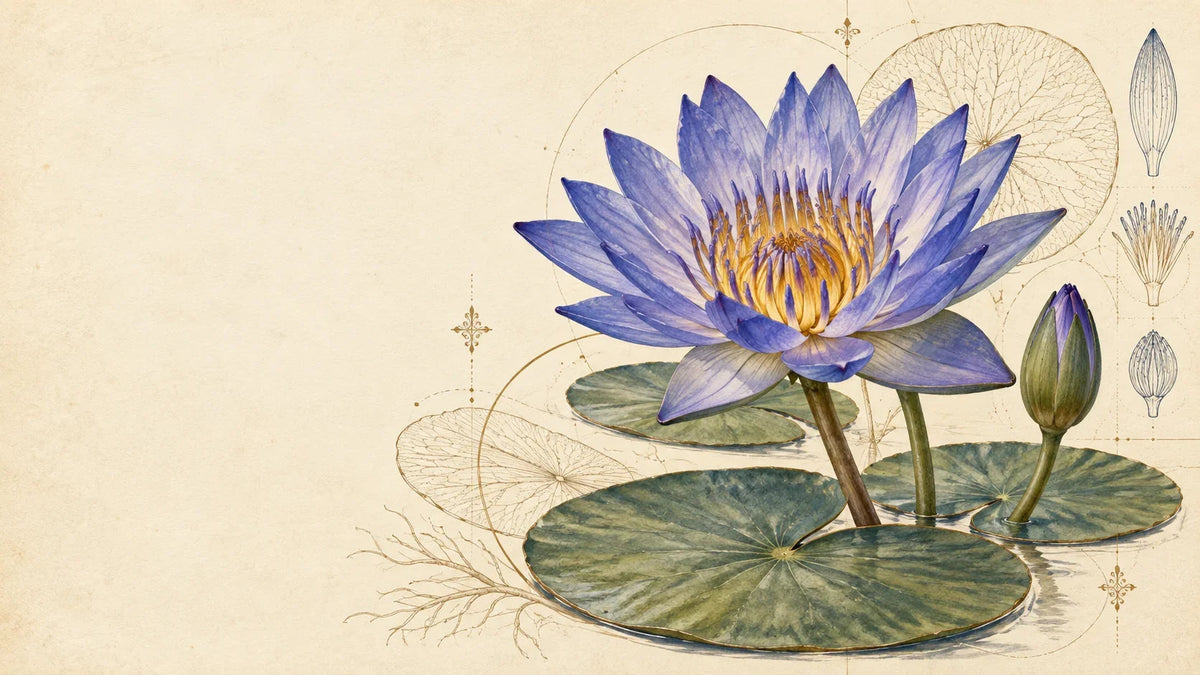 Botanical illustration of a blue water lily representing Nymphaea caerulea and Nymphaea nouchali var. caerulea naming
