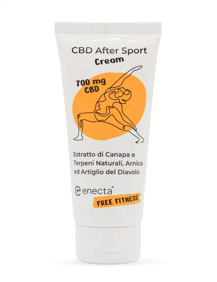 Tube of CBD after sport cream with 700mg CBD for muscle relief, featuring fitness illustration.