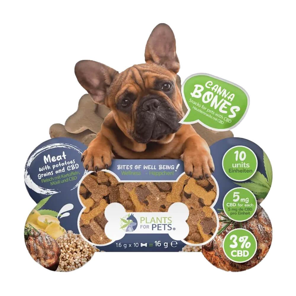Dog-shaped package of CBD pet treats with French Bulldog, labeled for wellness and natural ingredients.