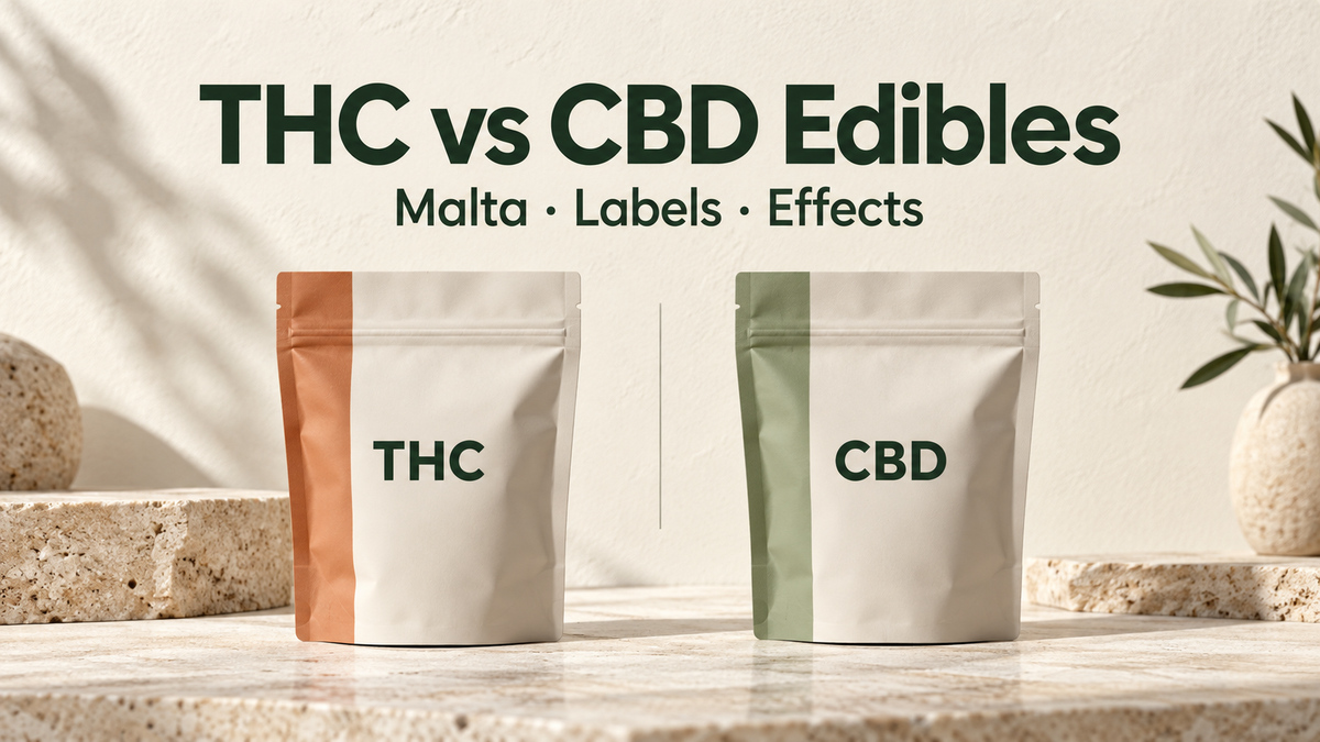 Illustrative pouches labelled THC and CBD beneath “THC vs CBD Edibles” and “Malta · Labels · Effects”.