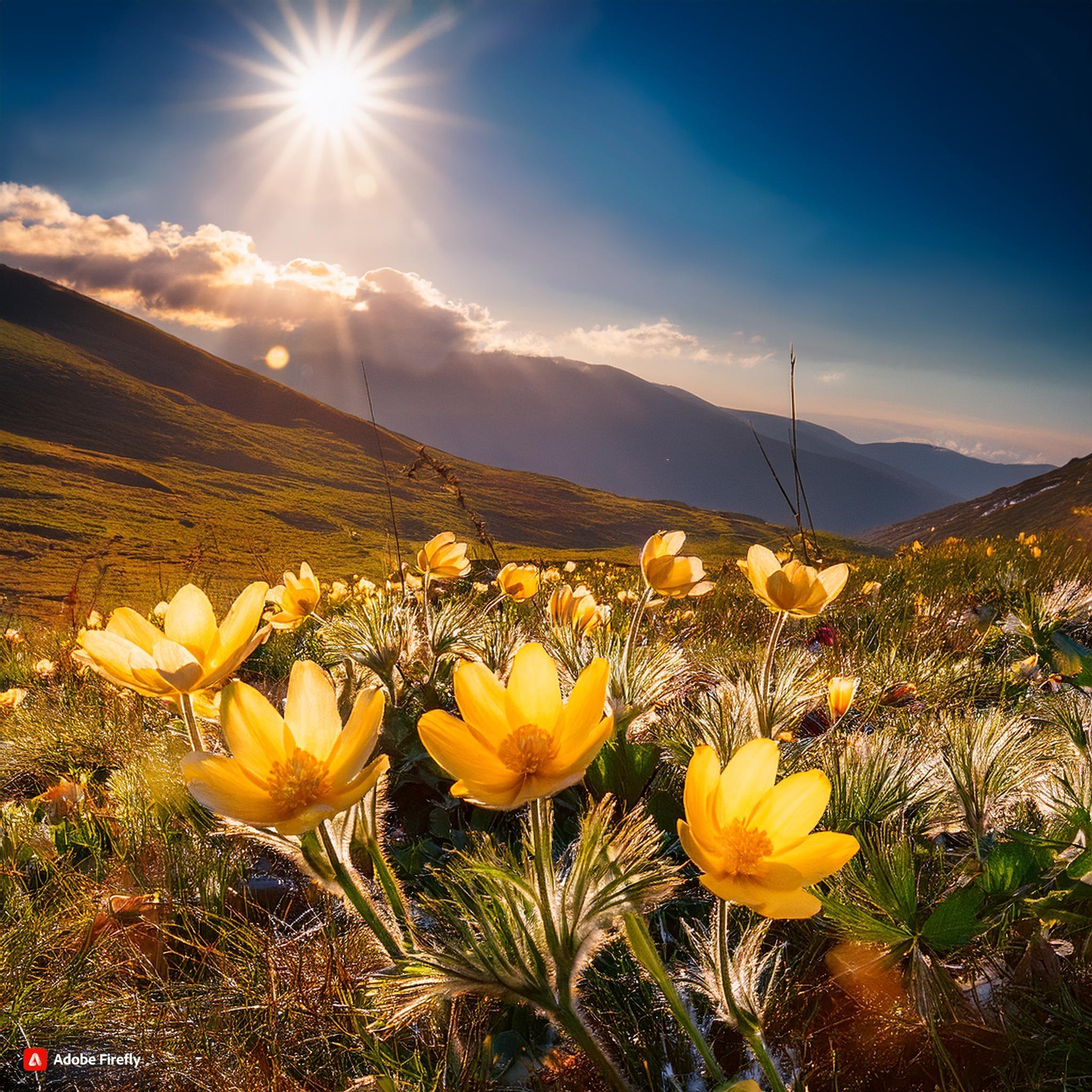 Yellow wildflowers in a sunlit mountain meadow with clear sky