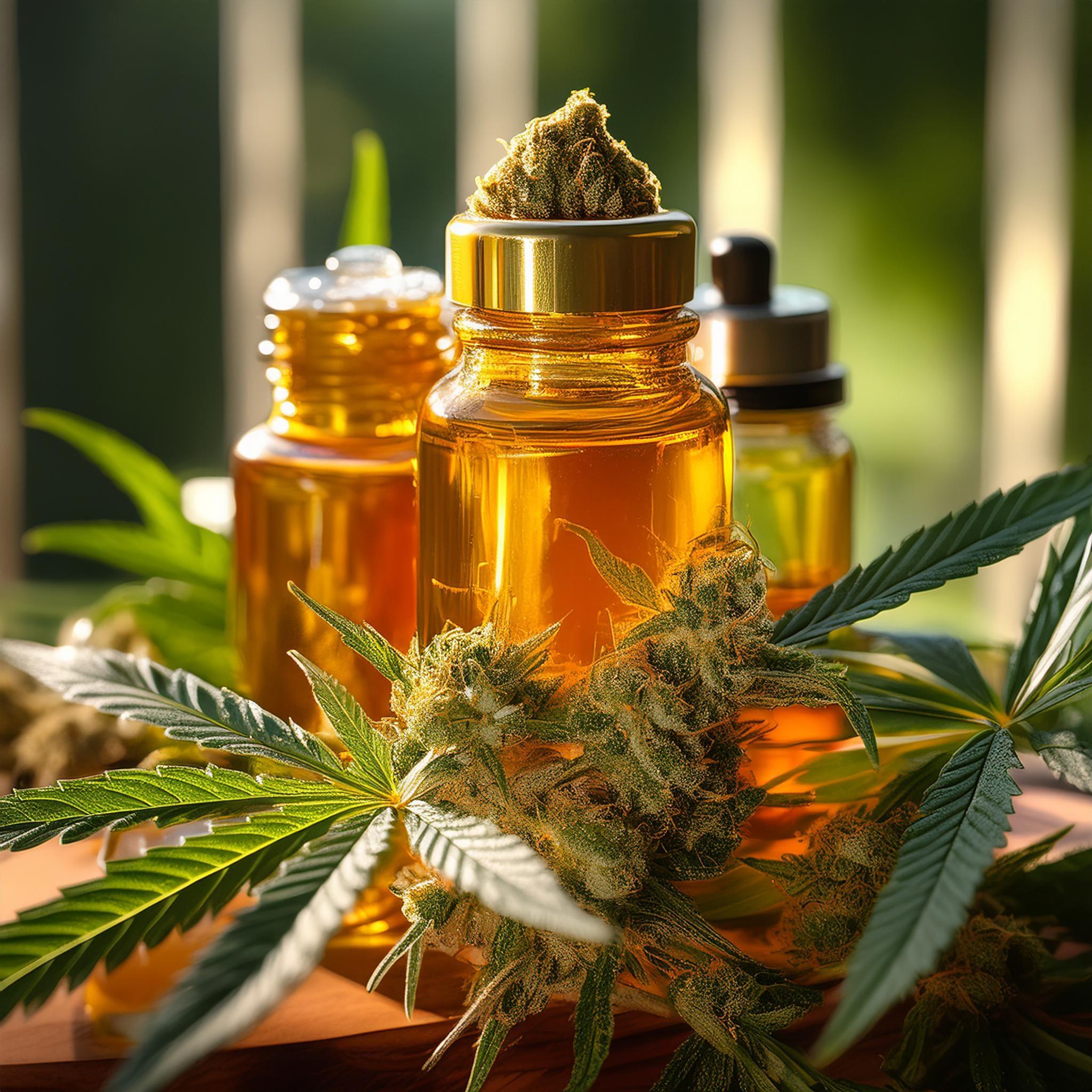 Cannabis oil bottles with hemp buds and leaves in natural sunlight, legal CBD wellness concept