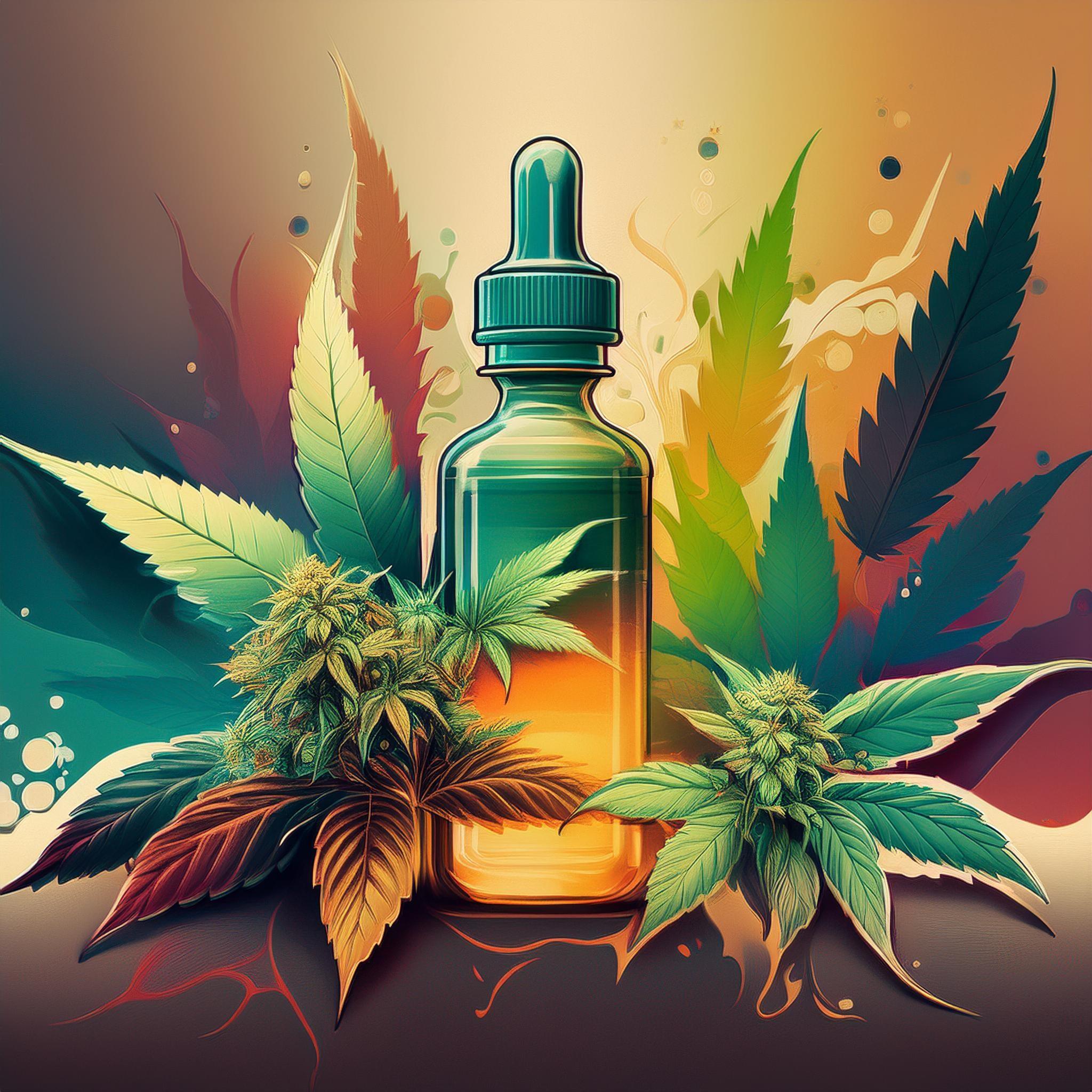 CBD oil bottle with hemp leaves and buds, natural wellness and legal cannabis concept