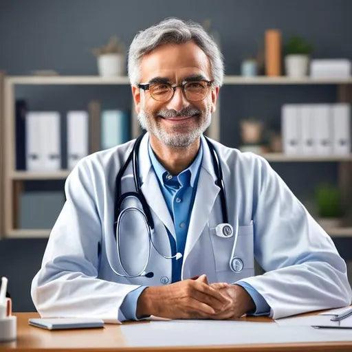 Smiling doctor in a lab coat with stethoscope, seated in a medical office, cannabis consultation.