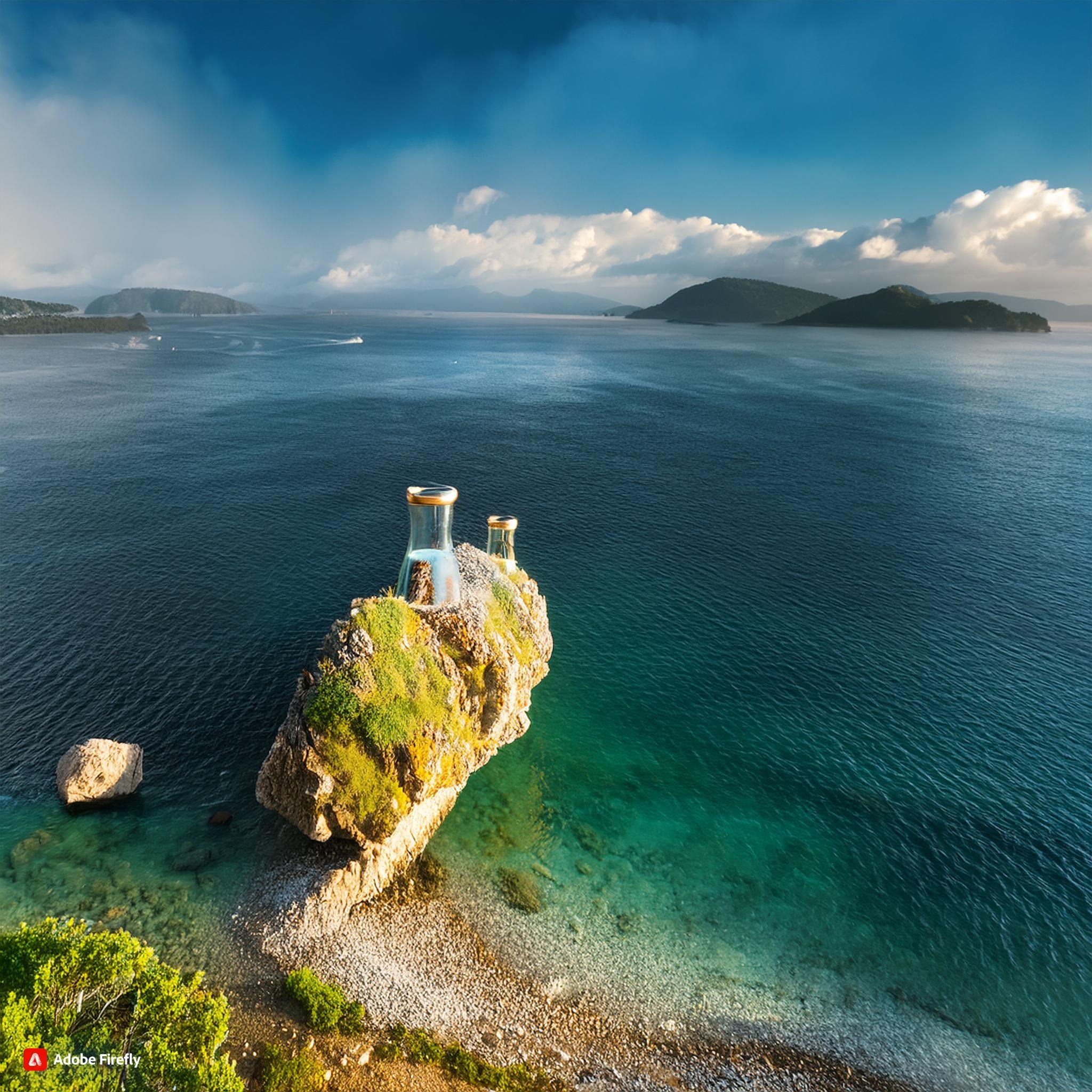 Glass jars on a rocky cliff by the sea, clear blue water and lush greenery, natural wellness concept