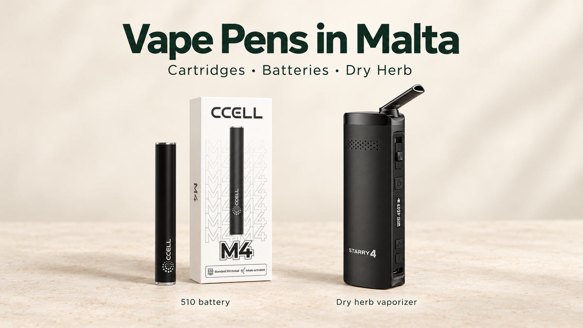 CCELL M4 510 battery and XMAX Starry V4 dry herb vaporizer beneath the heading “Vape Pens in Malta”.