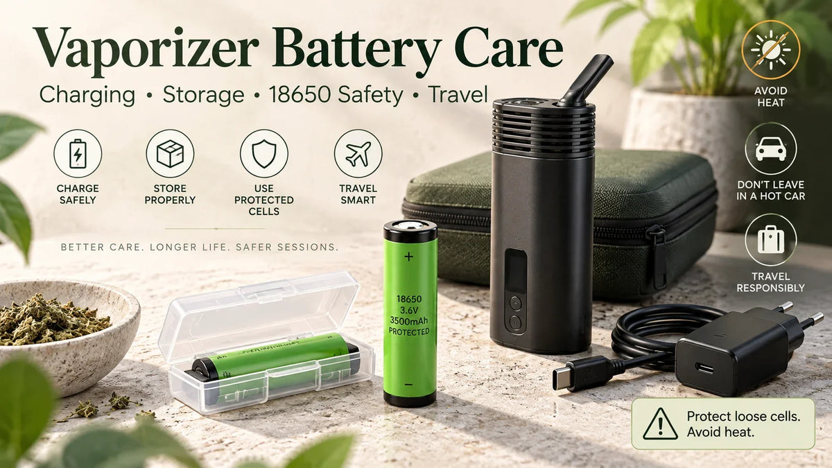 Vaporizer battery care guide covering charging, storage, 18650 safety and travel