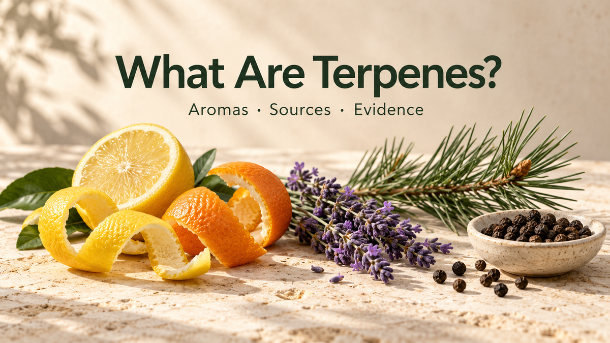 Citrus peel, lavender, pine and black pepper beneath “What Are Terpenes?” and “Aromas · Sources · Evidence”.