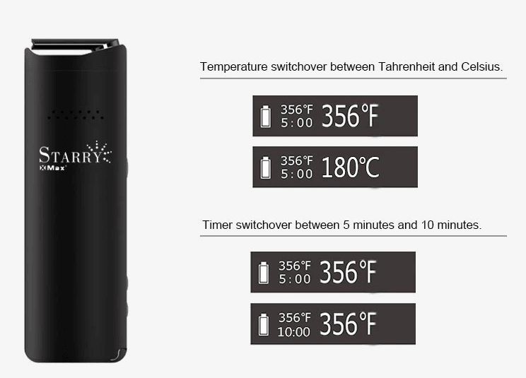 Portable herbal vaporizer with temperature and timer settings display in Fahrenheit and Celsius.
