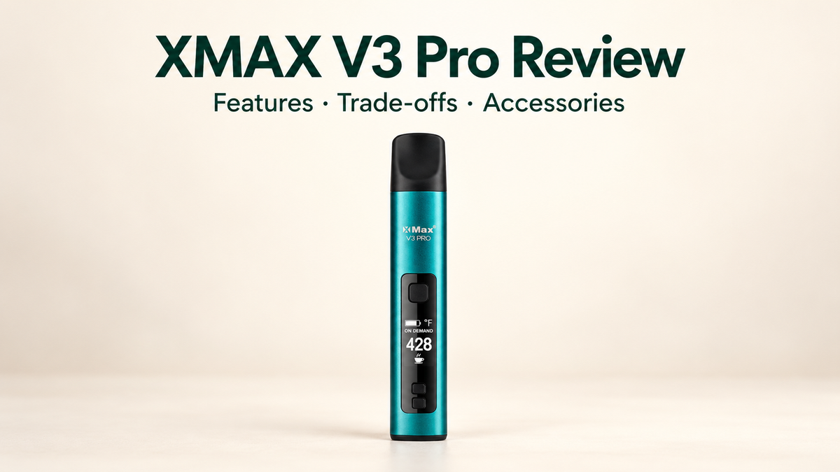 Teal XMAX V3 Pro vaporizer beneath “XMAX V3 Pro Review” and “Features · Trade-offs · Accessories”.