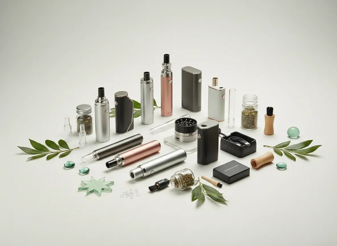 Various portable dry herb vaporizers, grinders, and accessories with herbal material on a light background.